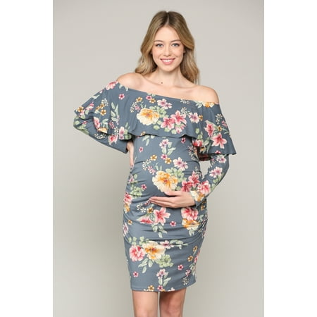 Floral Ruched Off the Shoulder Maternity Dress