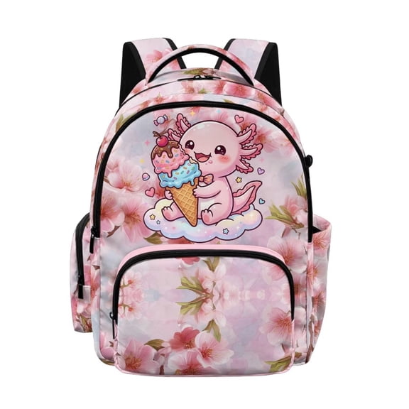 Xoenoiee Axolotl Ice Cream Cherry Blossom Pattern Kids Backpack for Girls Preschool Kindergarten Elementary School Backpack Bookbag Schoolbag Travel Daypack with Adjustable Padded Straps