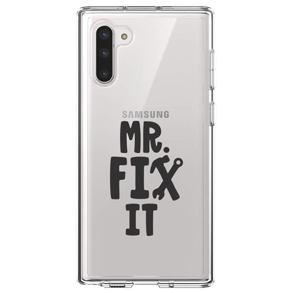 DistinctInk Clear Shockproof Hybrid Case for Samsung Galaxy Note 10 (6.3" Screen) - TPU Bumper Acrylic Back Tempered Glass Screen Protector - Mr. Fix It Wrench