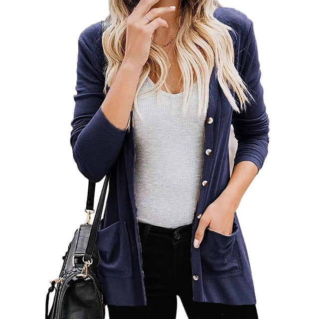 Puntoco Mujeres Color Sólido Casual Manga Larga Suelta ButtonCardigan Chaqueta Abrigo Con Liquidación De Bolsillo Puntoco Puntoco-4005