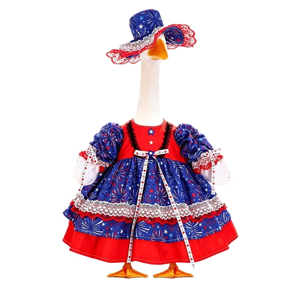 Patriotic Fireworks Print Porch Goose Gown For 19-23 Inch Goose Statues 4th Of July Outfit With Matching Lace Hat For Yard And Front Porch Decor