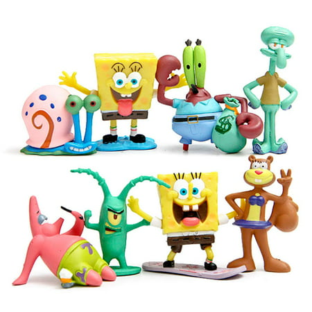 Set of 8 Figures for SpongeBob Square Pants Inspired Birthday Party, Gift or Decoration - Squidward, Sandy Cheeks, Patrick Star, Mr. Krabs, Plankten