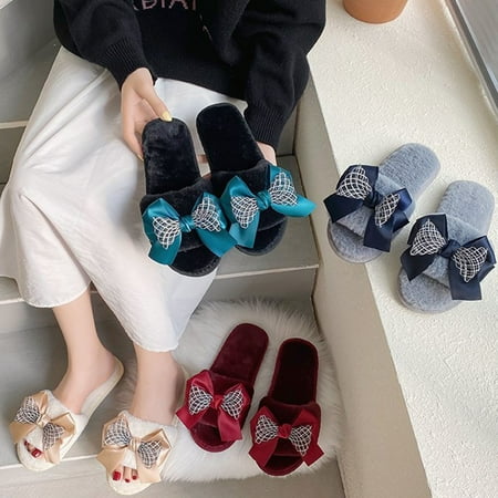 

Women s Plush Open Toe Slide on House Slipper with Bow