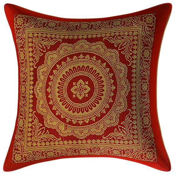 Stylo Culture Ethnic Couch Sofa Brocade Burgundy Maroon And Gold Throw Pillow Covers 12x12 Jacquard Weave Banarsi Decorative Pillow Covers Mandala Floral 30x30 cm Cushion Covers (1 Pc)