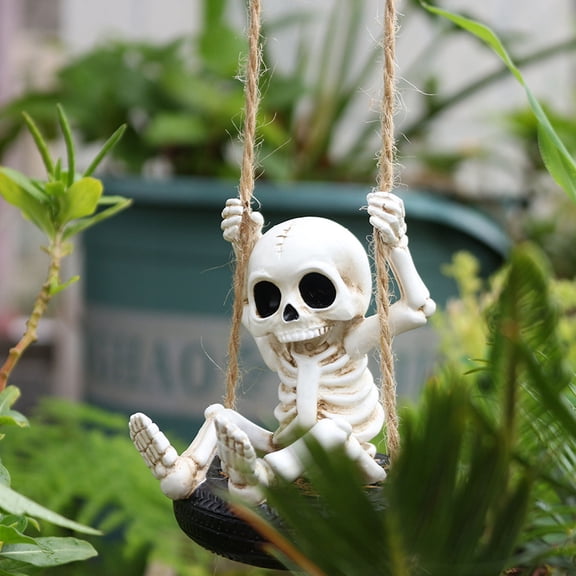 Zatoumnr Skeleton on Tire Swing Sculpture, Creepy Outdoor Hanging Accent for Halloween Porch and Yard