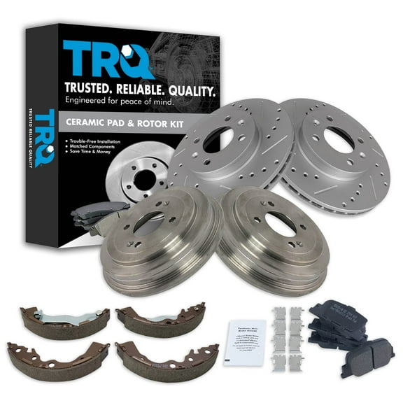 TRQ Front & Rear Ceramic Pad Performance Rotor Drum & Brake Shoe Kit for Hyundai BKA22086 Fits select: 2006-2011 HYUNDAI ACCENT, 2006-2011 KIA RIO