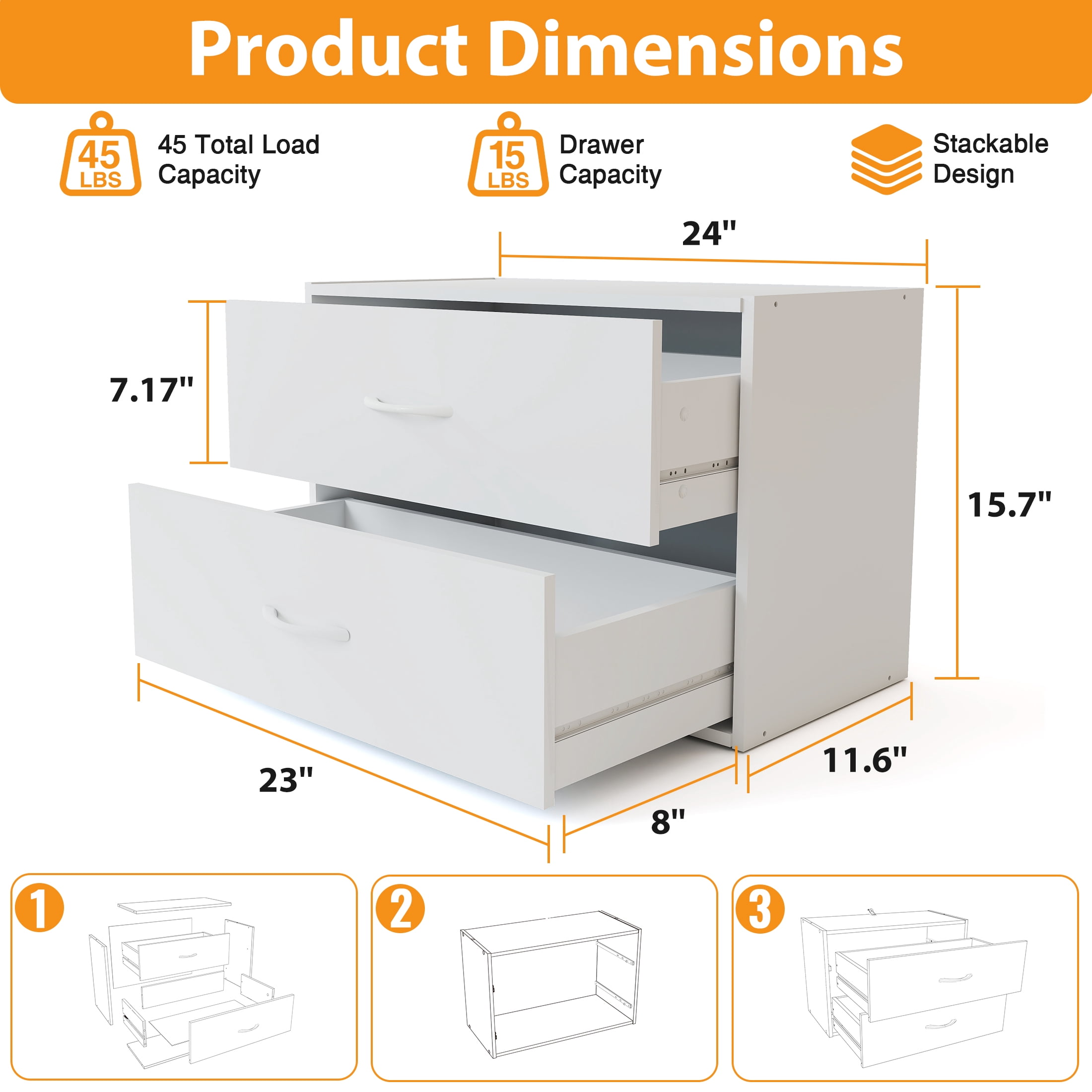 Prilinex 2-Drawer Dresser Set of 4, Stackable Wood Storage Chest with Anti-Tip, Modern Bedside Furniture & Nightstand for Bedroom, Closet Organizer, White Small Dressers