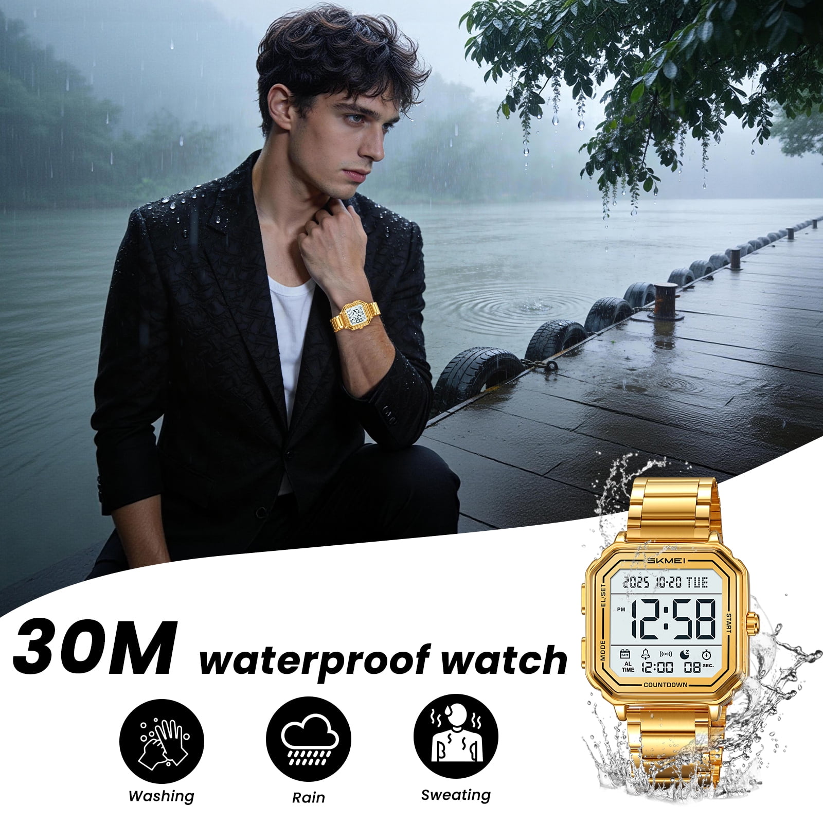 SKMEI Mens Digital Watch Sports Waterproof Outdoor Large Face Military Watches for Men with Stopwatch LED Back Ligh Alarm