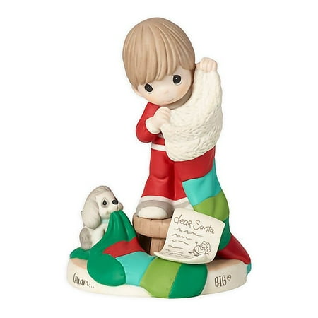 Precious Moments Boy with a Stocking Figurine Charming figurine of a puppy and a boy holding multicolored Christmas stockings Boy in a red outfit is standing on a stool with a Dear Santa wish list in front of him  Dream Big  is printed on the base Perfect for adding seasonal cheer to your Christmas decor for the holidays Makes a thoughtful and cherished gift for family  friends  and a must-have for collectors Hand-painted Porcelain Wipe clean Measures 4.29  L x 4.11  W x 6.51  H Weighs 0.75 lb. Imported