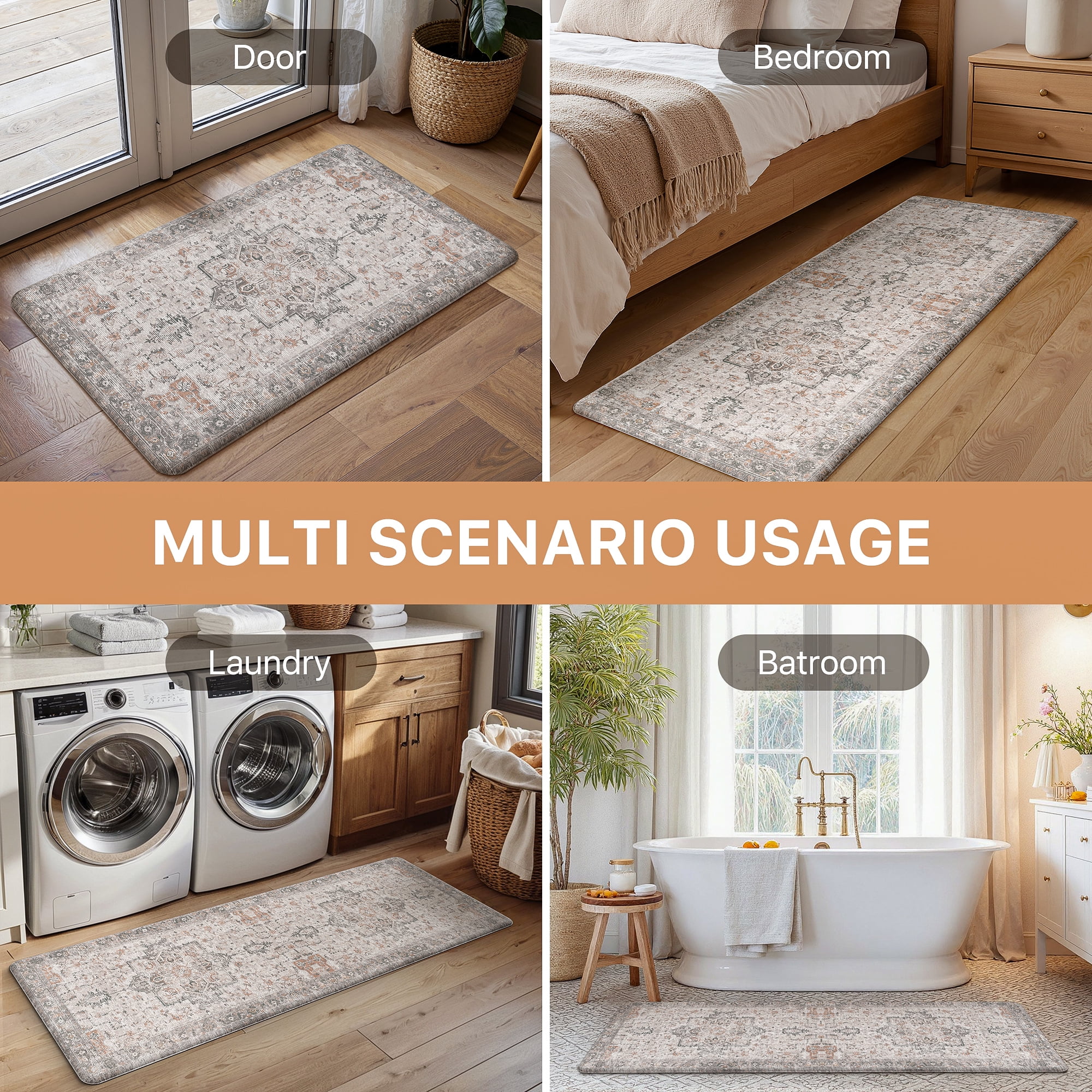 KUETH Kitchen Rug for Floor, Kitchen Mat Anti Fatigue, Non Slip Washable Kitchen Rug, Set of 2 Kitchen Mat 17"x47"+17"x30", Brown