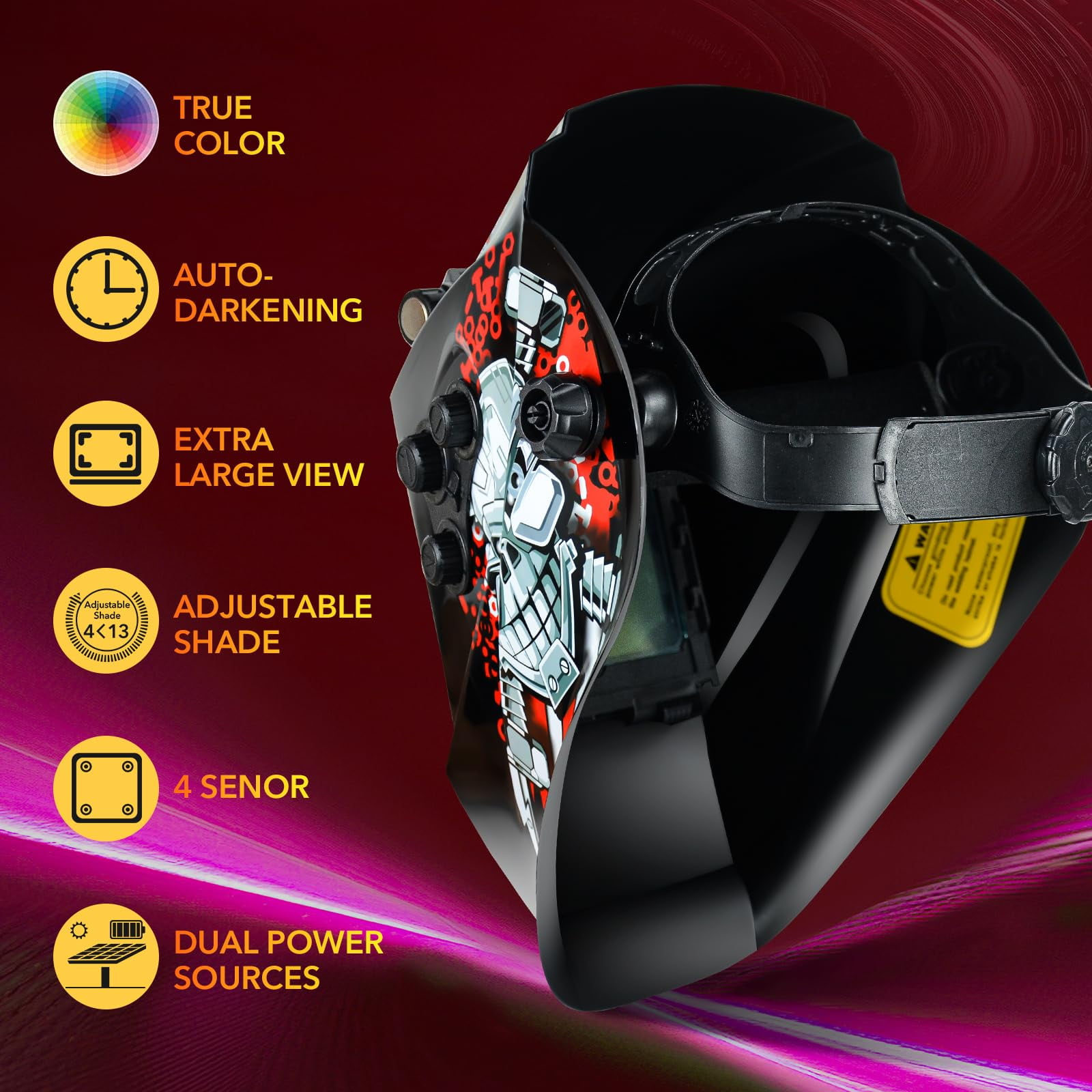 TRQWH Welding Helmet Auto Darkening Large Viewing True Color Solar Powered Welding Mask with 4 Arc Sensor Adjustable Wide Shade Range 4~5-8/9-13 Welder Mask with Grinding