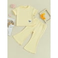 thumbnail image 2 of Suealasg Little Girls Summer 2 Piece Outfit Round Neck Short Sleeve Tops + Elastic Waist Flare Pants 3T 4T 5T 6T 7T Kids Girls Casual Sleepwear Set, 2 of 9