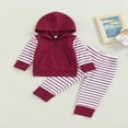 thumbnail image 3 of Toddler Baby Boy Girl Striped Fall Winter Outfits Patchwork Hoodie Pullover Sweatshirt Long Pants Set Wine Red 18-24 Months, 3 of 8