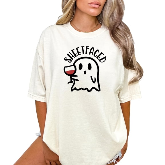 Sheetfaced Women's Halloween T-Shirt Funny Fall Wine Drinker Tee Ivory Shirt Adult Large