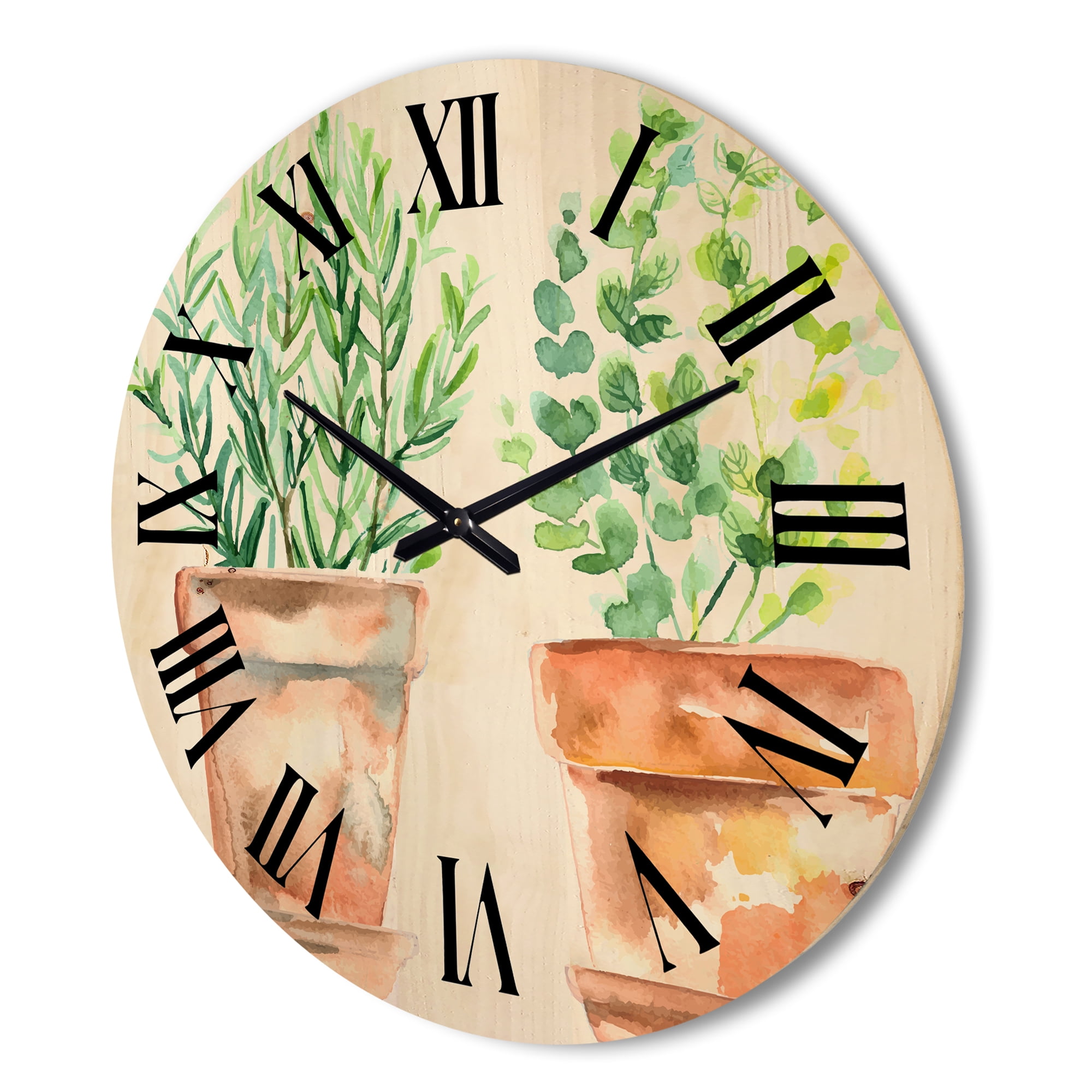 Designart 'Two Green House Plants In Orange Cly Pots' Traditional Wood Wall Clock