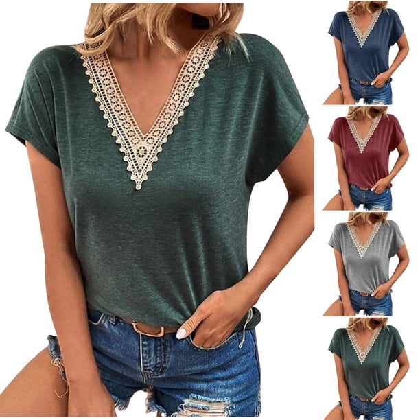 Fiudx Liquidación de Ahorros de Verano Blusas y Blusas con Cuello En V de Manga Corta para Mujer, Informales, a La Moda, Primavera y Verano