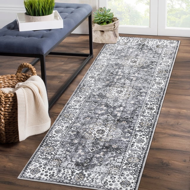 Hasoo Washable Runner Rug 2' x 6' , Non Slip, Stain Resistant, Waterproof, Gray Runner Rugs for Hallway, Entryway, Laundry Room, Living Room, Bathroom, Kitchen