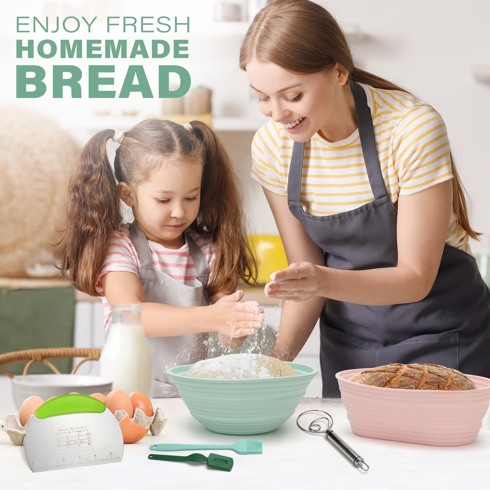 Aliggbent Silicone Banneton Bread Proofing Basket Set - 10" Oval & 9" Round Foldable Kit (18 Pcs)