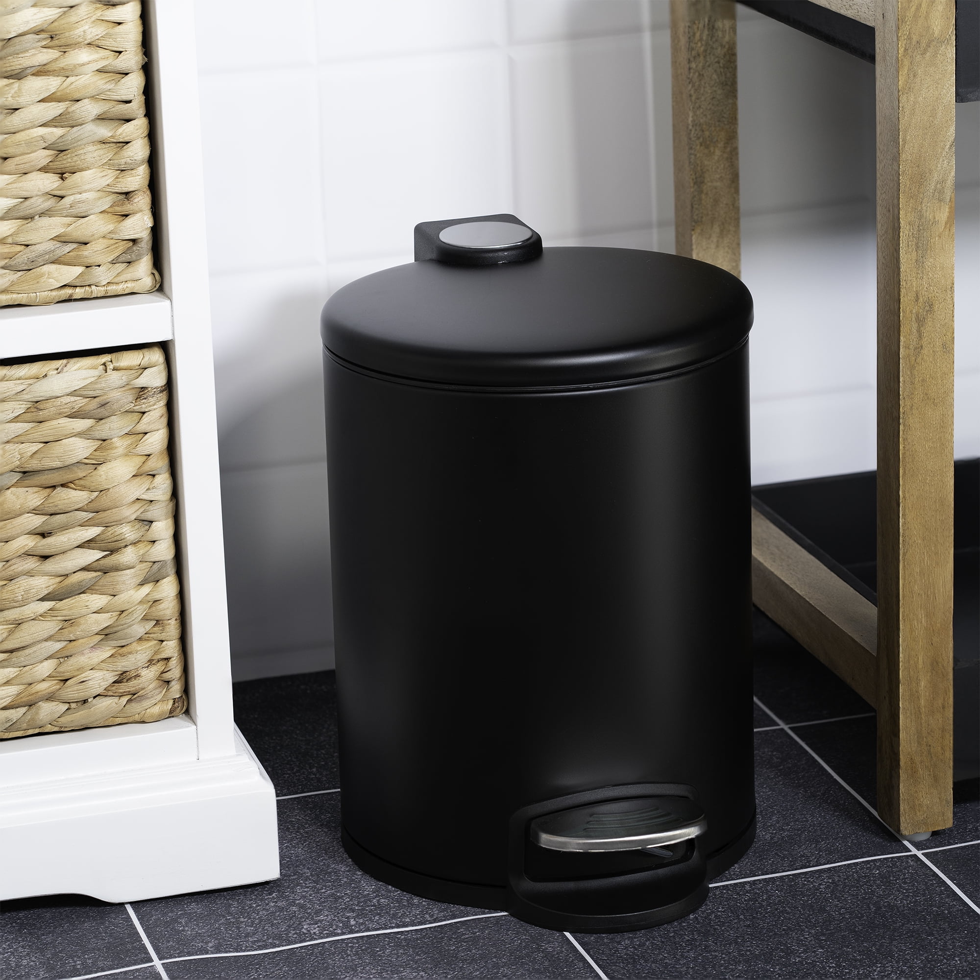 Acento Rondo 1.3 Gallon Round Step Trash Can with Soft-Close Lid, Removable Liner Bucket, Premium Pedal Metal Waste Bin for Bathroom, Bedroom, Dorm, Office, Matte Black