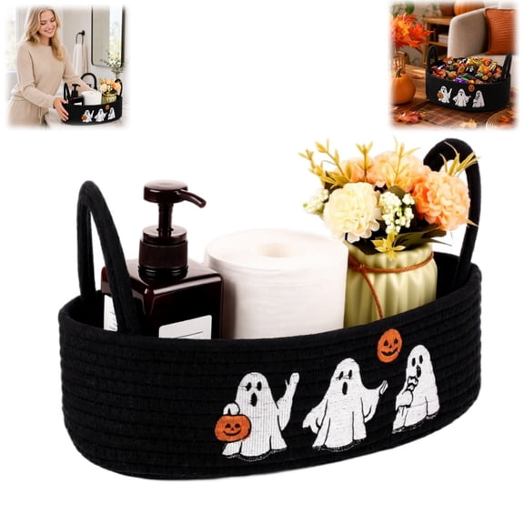 Bisitoy Halloween Storage Basket, Black Woven Organizer with Ghost Pumpkin Embroidery, Decorative Bin with Handles for Halloween Home Decoration