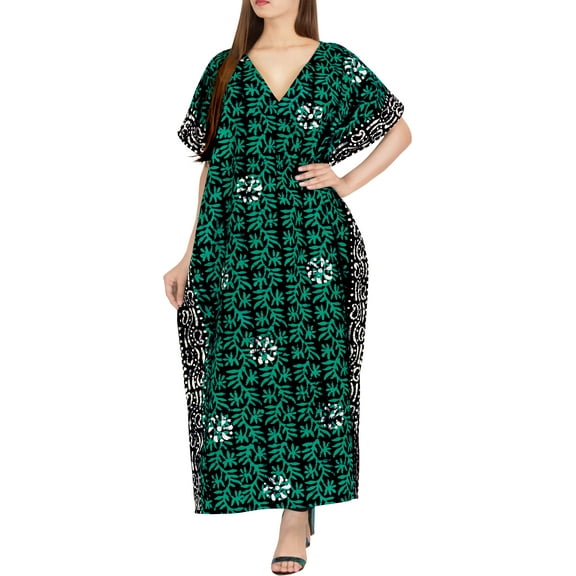 HAPPY BAY Women's Summer Batik Caftan Maxi Night Loungewear Dashiki House Dress V Neck Kaftan Sleepwear for Women Nightgown Plus Size 3X-4X Green, Roots