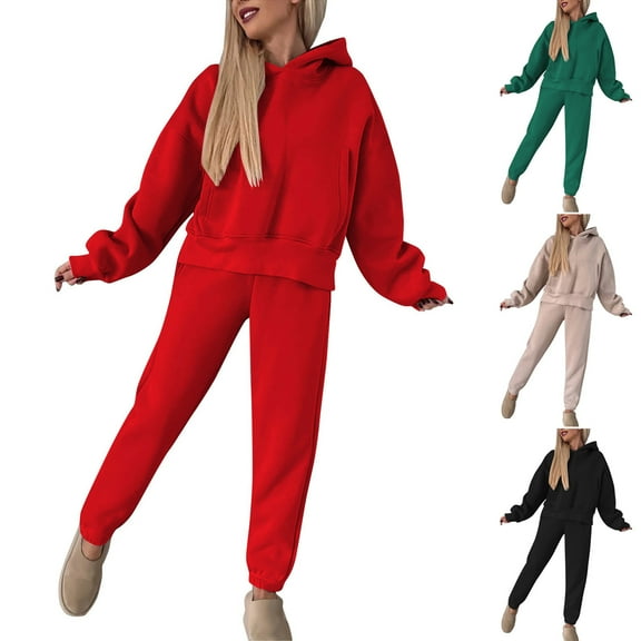 QQAMB 2 Piece Outfits for Women Casual Solid Long Sleeve Pullover Hoodies with Sweatpants Sweatsuits Loungewear Sets