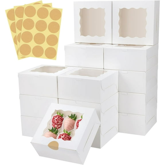 30 Pcs White Bakery Boxes with Window, 6 X 6 X 3 Inches, White Paperboard Treat Boxes for Cookies, Pastry, Cookies, Strawberries, Macarons