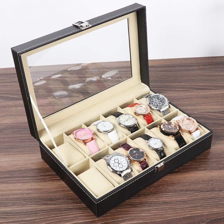Watch Box Organizer with Glass Lid, 12 Slots, Removable Pillows, Metal Lock Watch Box Case Organizer 12 Slot with Glass Lid Removable  main image 4