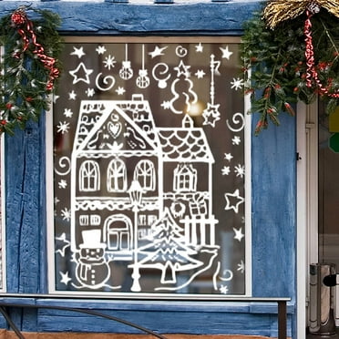 15.7 * 27.5'' Large Christmas Window Stickers 4 Sheets,White House & Snowflake Decorative Window PatternsWindow Decals, Electrostatic Stickers for Christmas Holiday Party Ornament