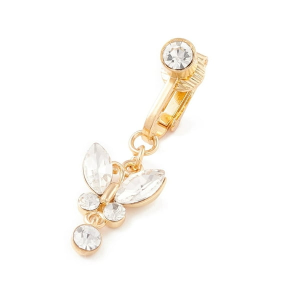 Crystal Rhinestone Butterfly Charm Belly Ring Clip On Navel Ring Non Piercing Jewelry for Women Golden 38mm