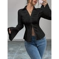 thumbnail image 4 of Women Button Down Shirts Striped Long Sleeve Collared Casual Work Blouses Tops Trendy Outfits Black XL, 4 of 7
