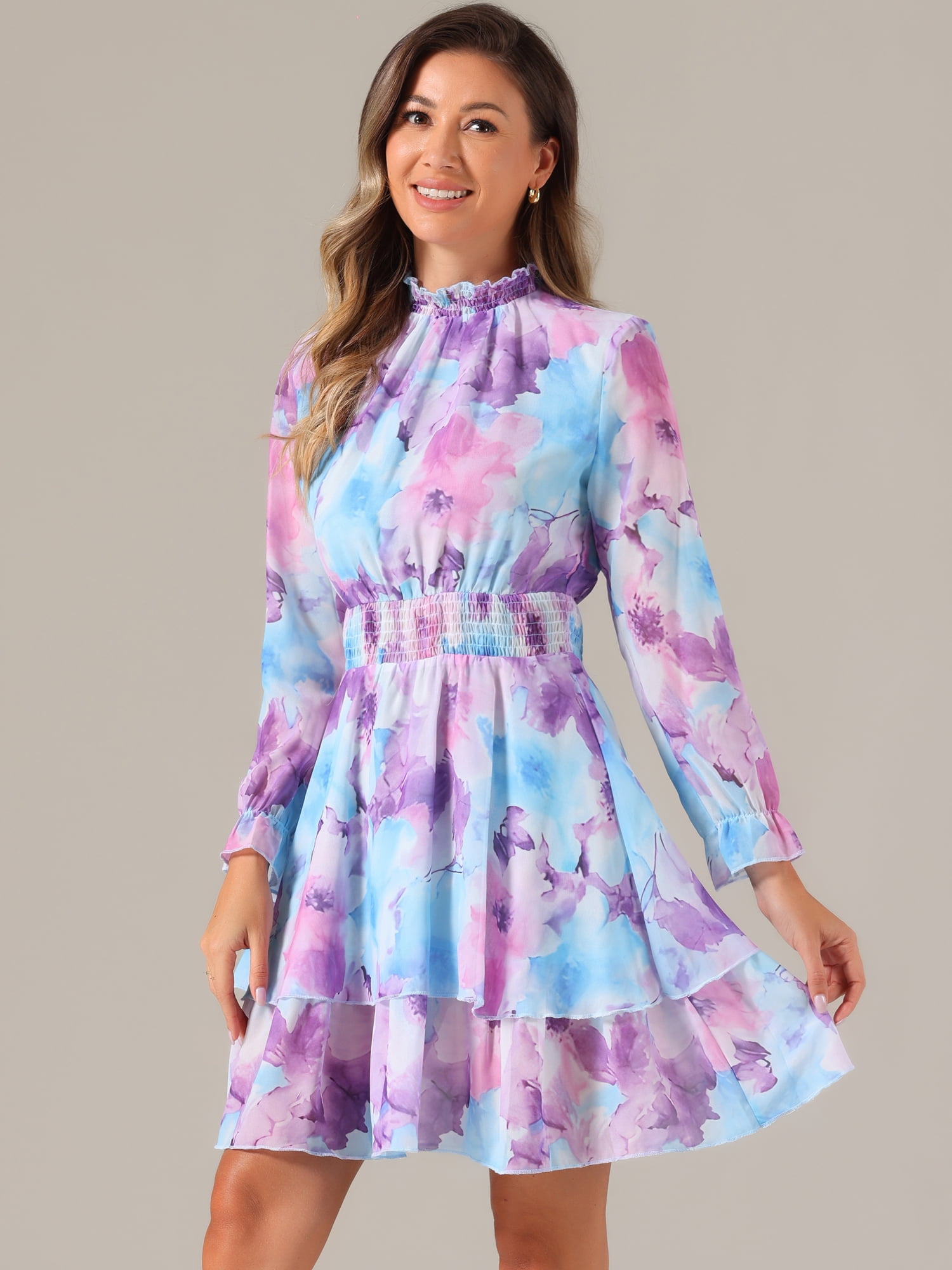 DARING DIVA Floral Ruffle Trim Layered Dresses L Blues