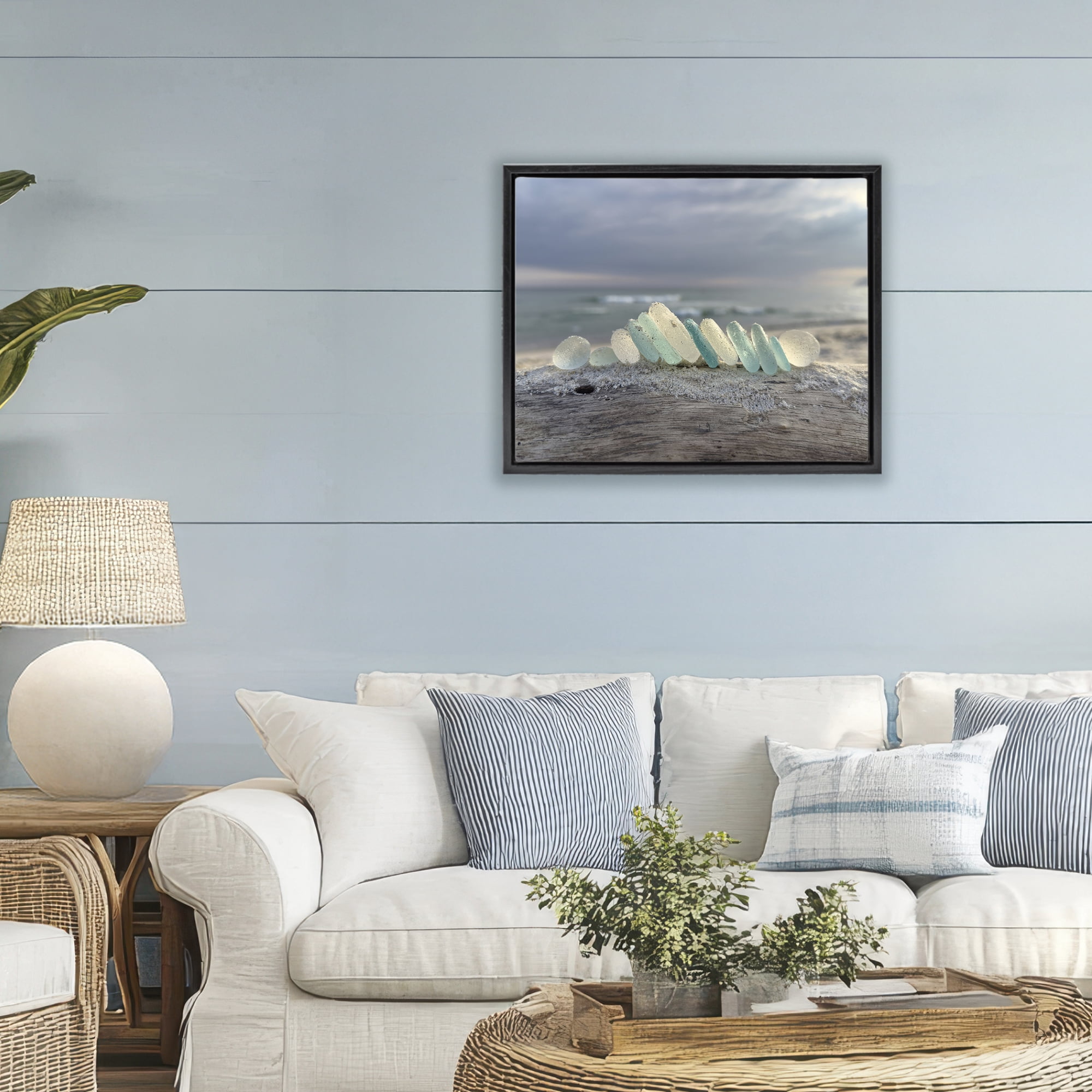 Stupell Industries Sea Glass On Driftwood Black Framed Floater Canvas Wall Art, design by LMarie Allen