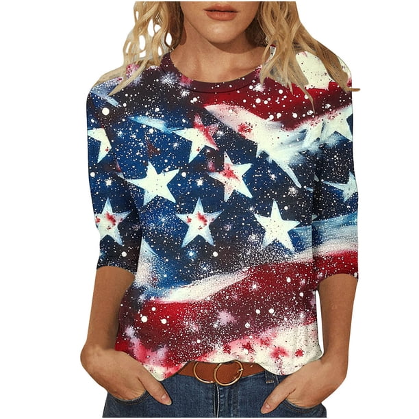 Mujeres de Verano Tops Suelto Ajuste No Posicionamiento Impreso Cuello Redondo Tres Cuartos de Manga 3/4 Manga Camiseta con Capucha de Moda Suelto para la Primavera Y el Verano Día de la Independenci