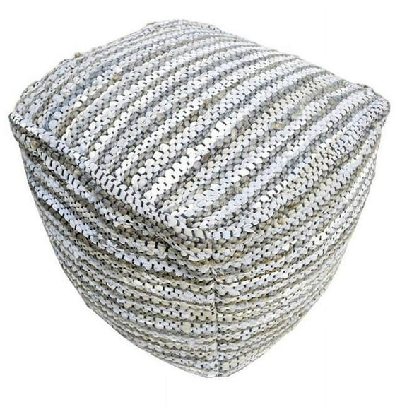 The Rug Decor TRD108 18 in. Handmade Leather & Jute Knitted Pouf, Natural Grey