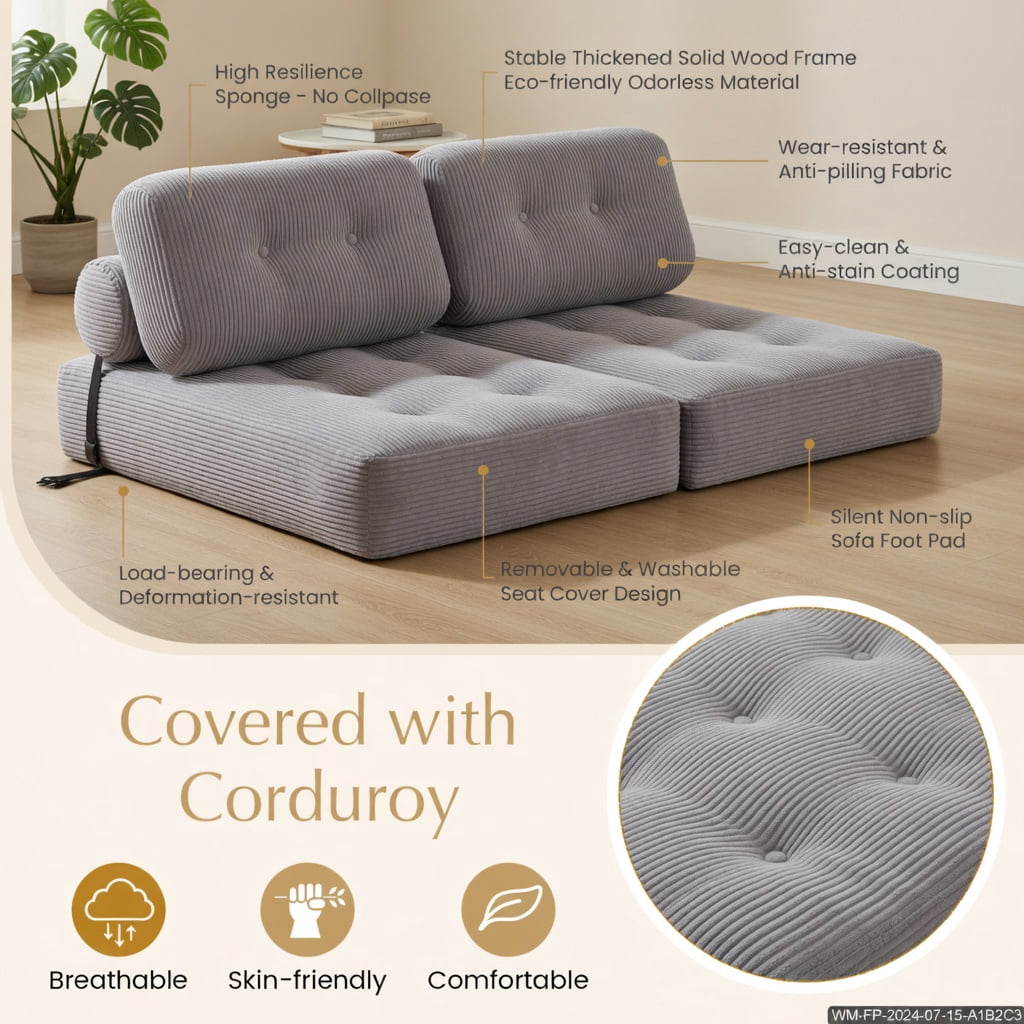 Hommoo 3-in-1 Folding Sofa Bed with Pillow & Back Support, Corduroy Convertible Sleeper for Living Room, Bedroom & Guest Room, Gray