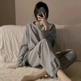 thumbnail image 1 of Pijama de manga larga con estampado de gofres para primavera, otoño e invierno, para mujer, con cara sonriente, cuello redondo, holgado, para el hogar, 1 of 1