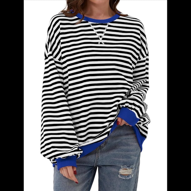 Sudadera Holgada Informal de Larga con Cuello Redondo y Bloques de Colores A Rayas de Gran Tamaño para Mujer, Estilo Y2K y Negro L