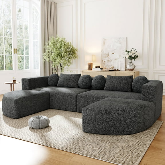 Boneless Couch Modular Sectional Sofa 114.9" Free-combined Sofa Couch Sofa Bed Compression Sofa with Deep Seating and Curved Design for Living Room, Black