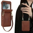 thumbnail image 6 of Allytechgroup Slim Case for Samsung Galaxy Z Flip 5 with Tempered Glass Screen Protection, Built-in Cash Slot Shoulder Strap Stand Phone Case Shockproof Full Body Protective for Women Girls, Brown, 6 of 7