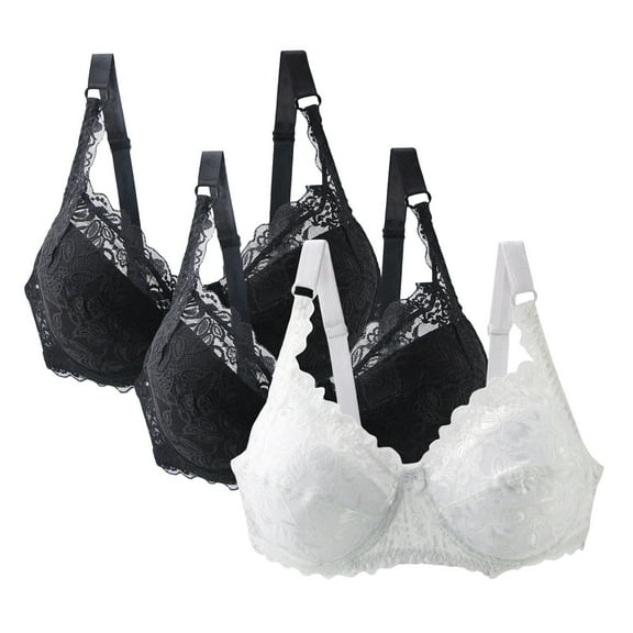 ylioge Lace Bras for Women Plus Size S-5X 3 Pack Push Up Bralettes with Underwire Solid Color Breathable Multipack High Support Underwear Bra
