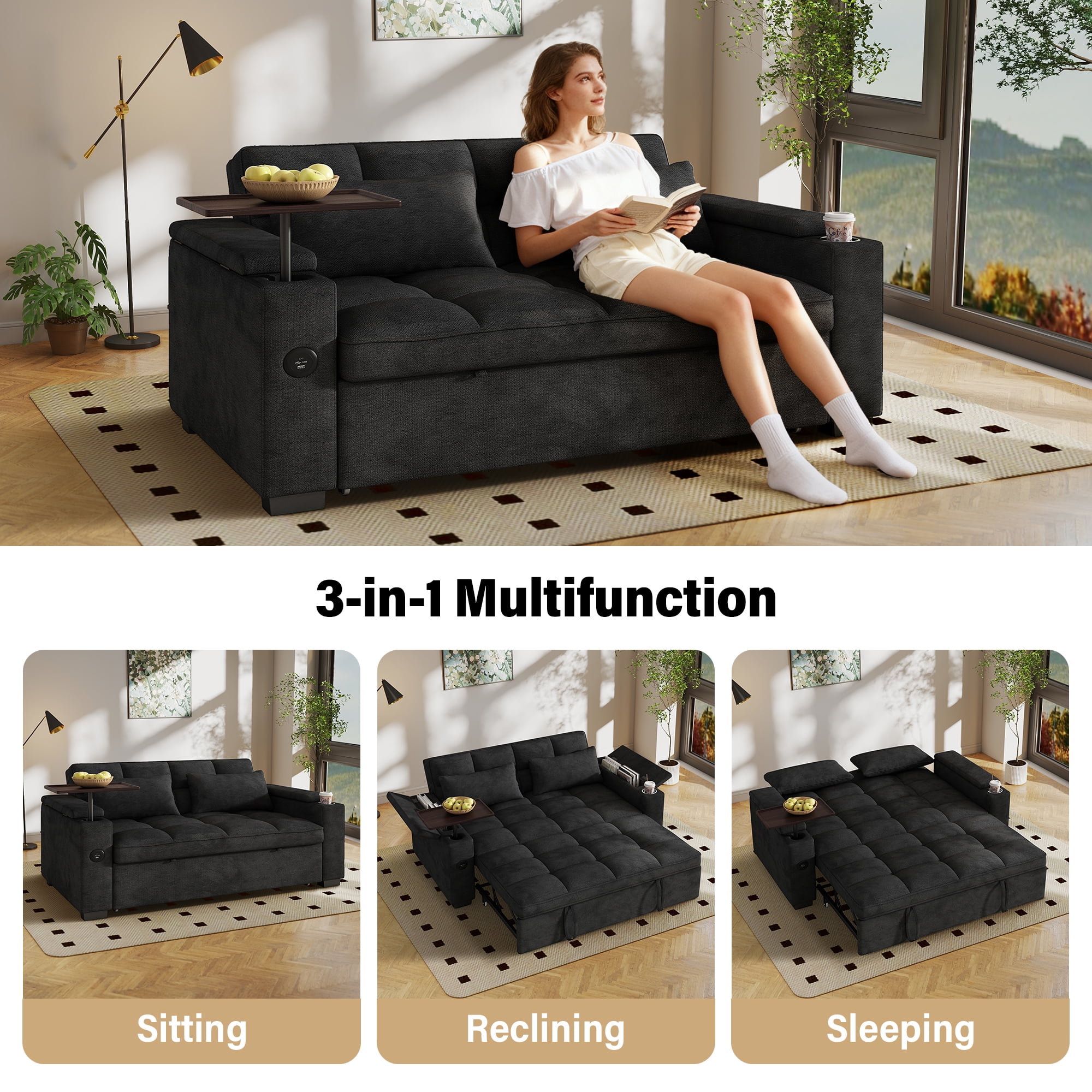 Aukfa 65"W Convertible 3-in-1 Sofa Bed with Storage, Queen Chenille Sleeper Couch with USB/Type-C Ports & Rotating Side Table,Black