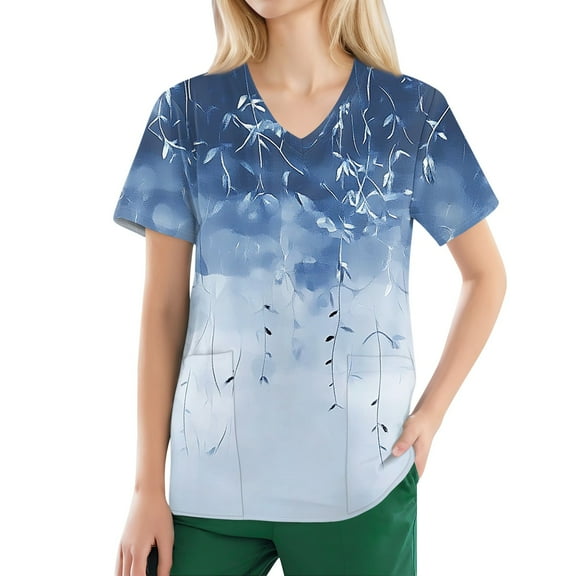 NAMTYQX Scrubs for Women Short Sleeve Casual Loose Fit V Neck Light Stretch Sky Blue Size L