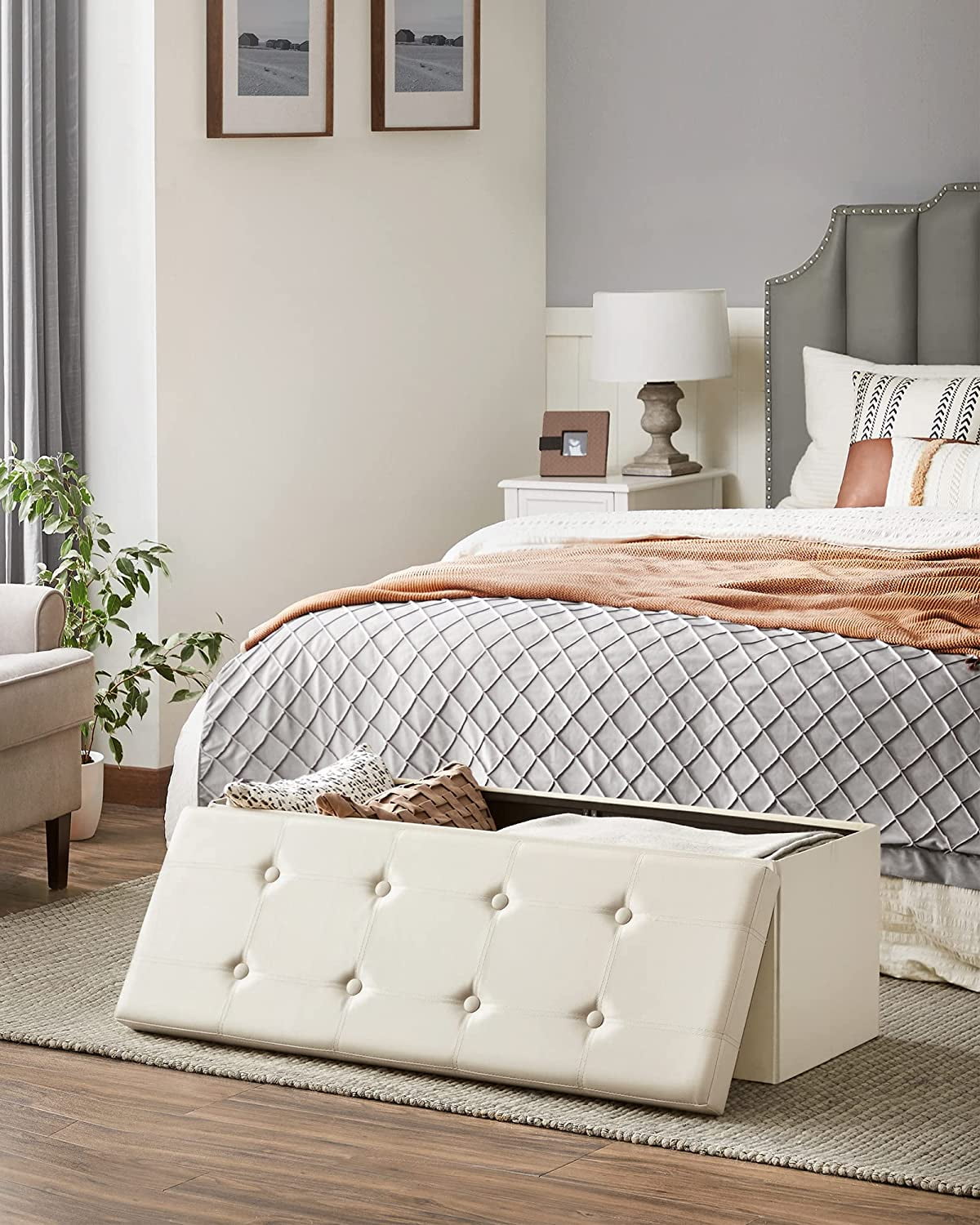 SONGMICS 43" Storage Ottoman Bench Leather Ottoman with Storage Hold up to 660lb Footstools for Bedroom Beige
