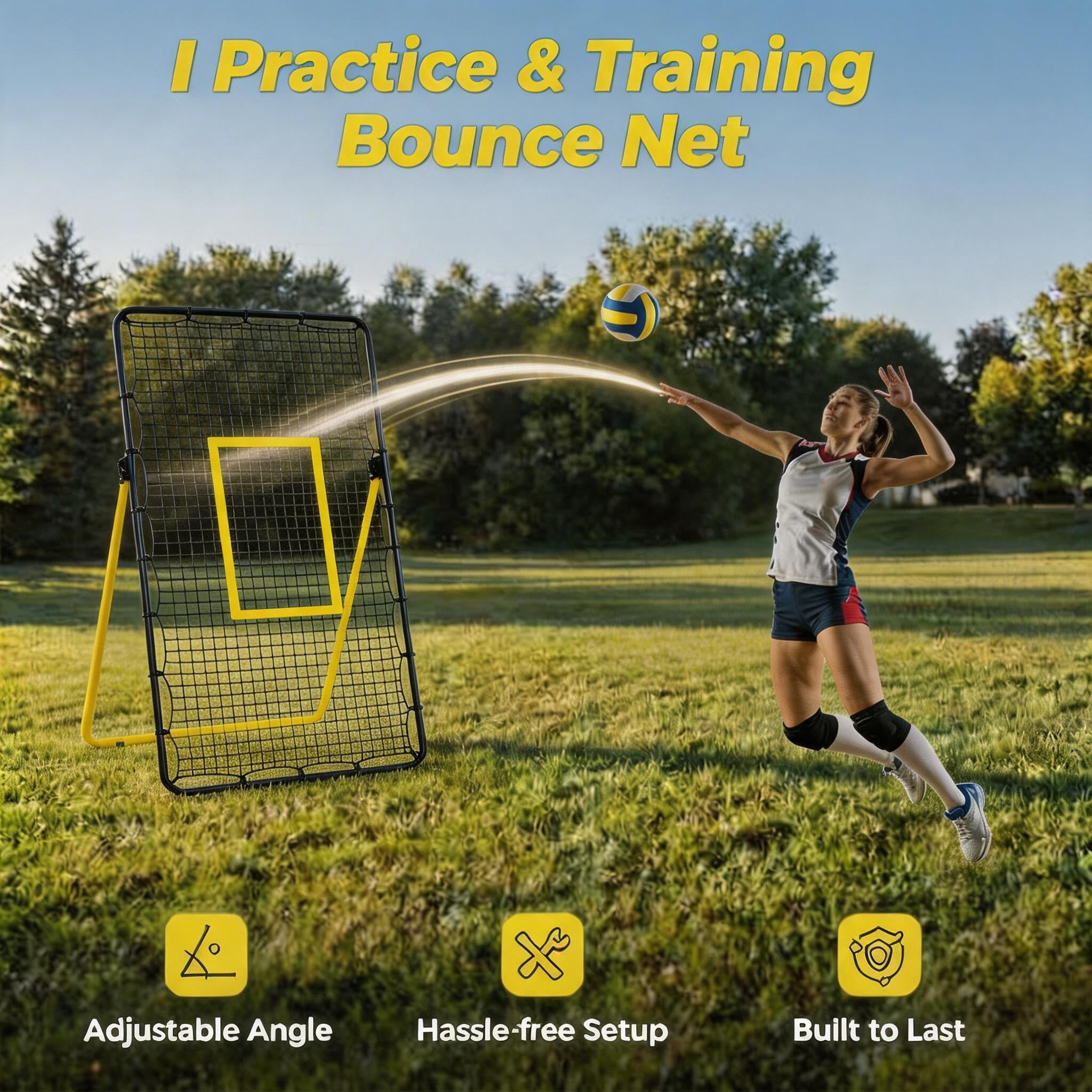 7x4 FT Volleyball Bounce Back Net, 5 Adjustable Angles, Foldable Heavy Duty Training Net with Ground Stakes, Yellow