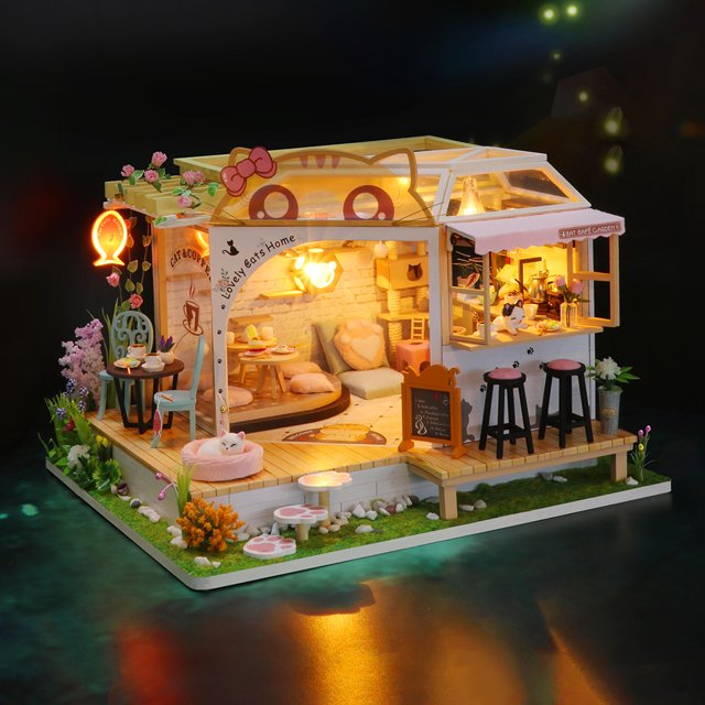 Casa de muñecas pequeña hecha a mano con luz para niños Ehuebsd casa de muñecas pequeña con Gato café regalo de cumpleaños