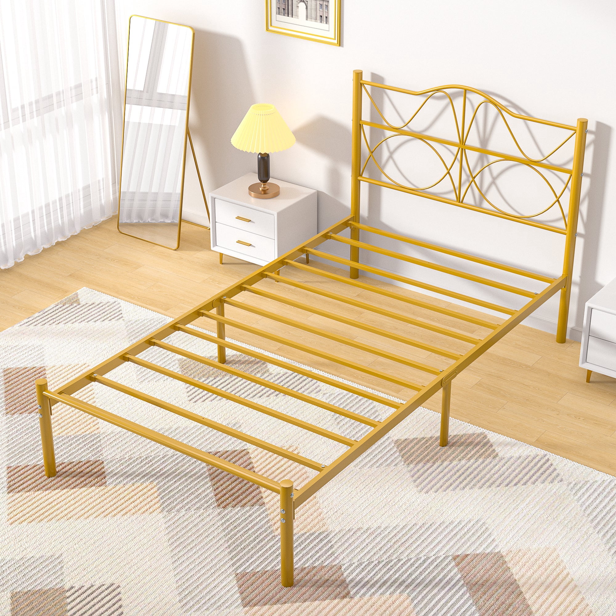 VECELO Twin Size Bed Frame with Headboard, Metal Platform Bed Frame, Strong Metal Slats Support, Mattress Foundation No Box Spring Needed, Gold