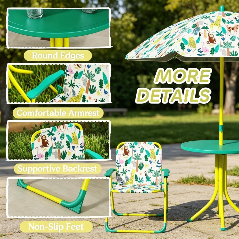 4-Piece Kids Play Set - Foldable Table, Chairs & Umbrella with Monkey/Giraffe Design, Green/Yellow/White, for 2-5 Years Old Toddlers