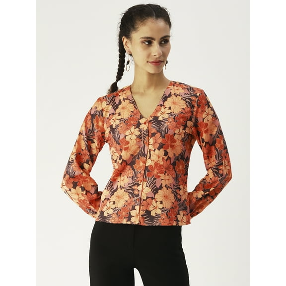 DressBerry Women’s Printed Poly Crepe Top V Neck Buttoned Front Closure Long Balloon Sleeves Waist Length Regular Wear Light Weighted Woven Summer Top