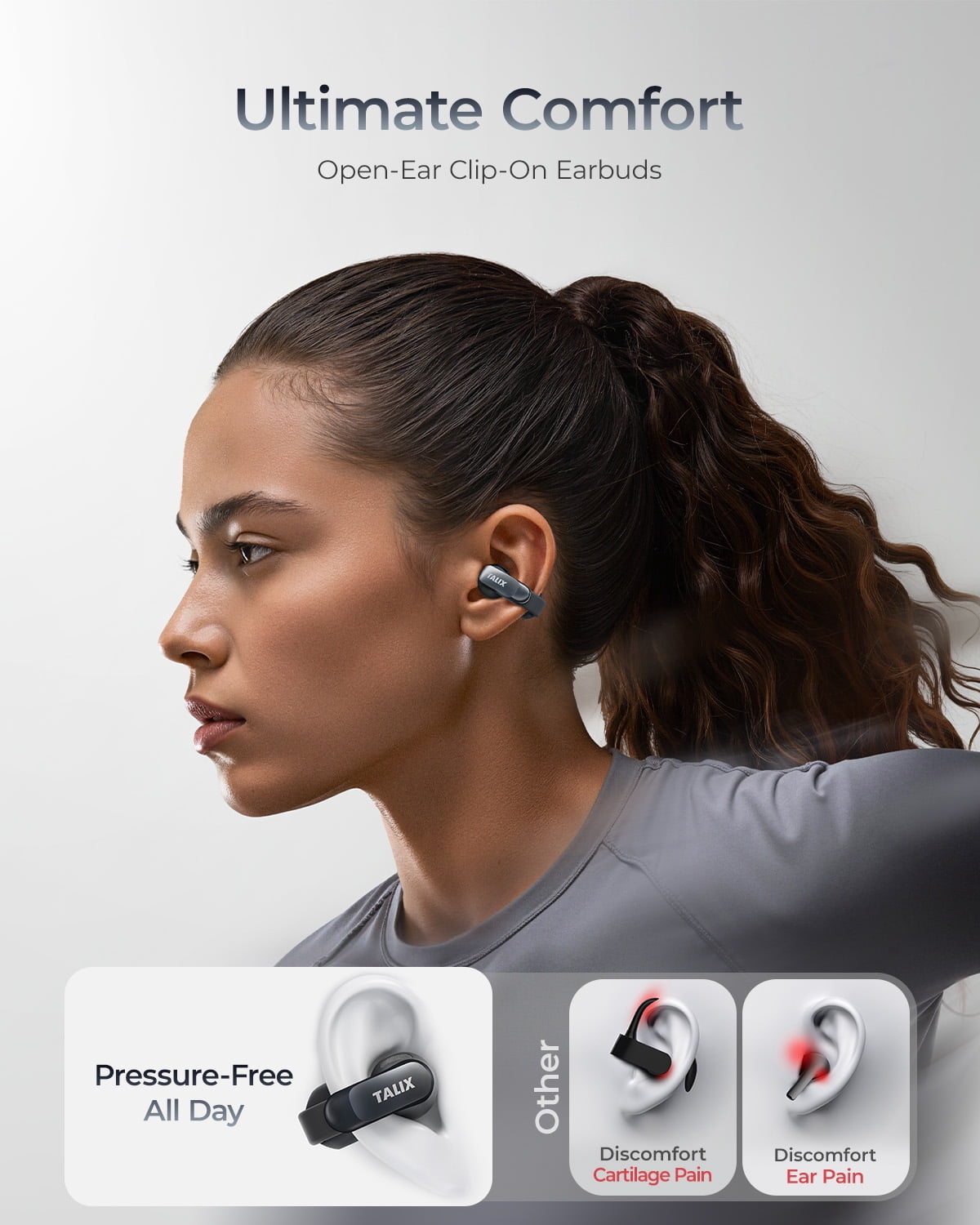 Ultra Open-Ear Earbuds,5.2g Clip-On Headphones,Clear Calls with 4 Mics,Stable Fit for Comfort,13.4mm Drivers for Powerful Bass,Open-Ring Design,Black